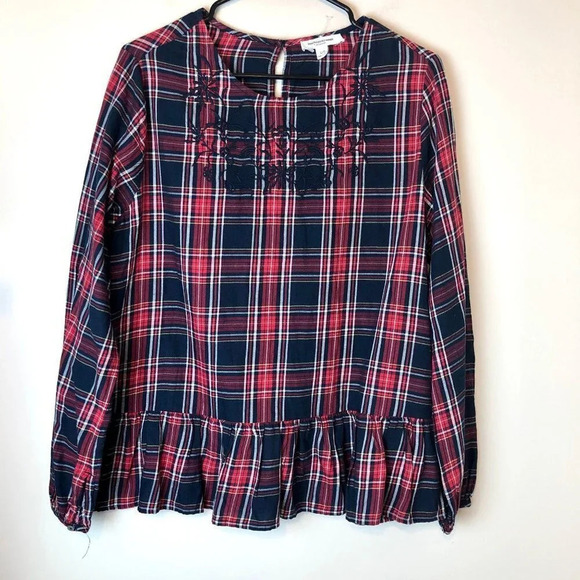 beachlunchlounge Tops - BeachLunchLounge Plaid Embroidered Blouse Red Blue